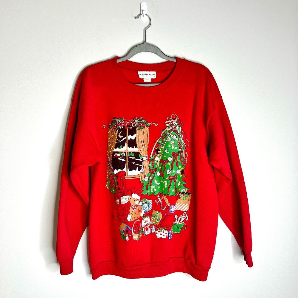 Vtg Victoria Jones Christmas Scene Novelty Graphic Sweatshirt Crew Neck 90's L
